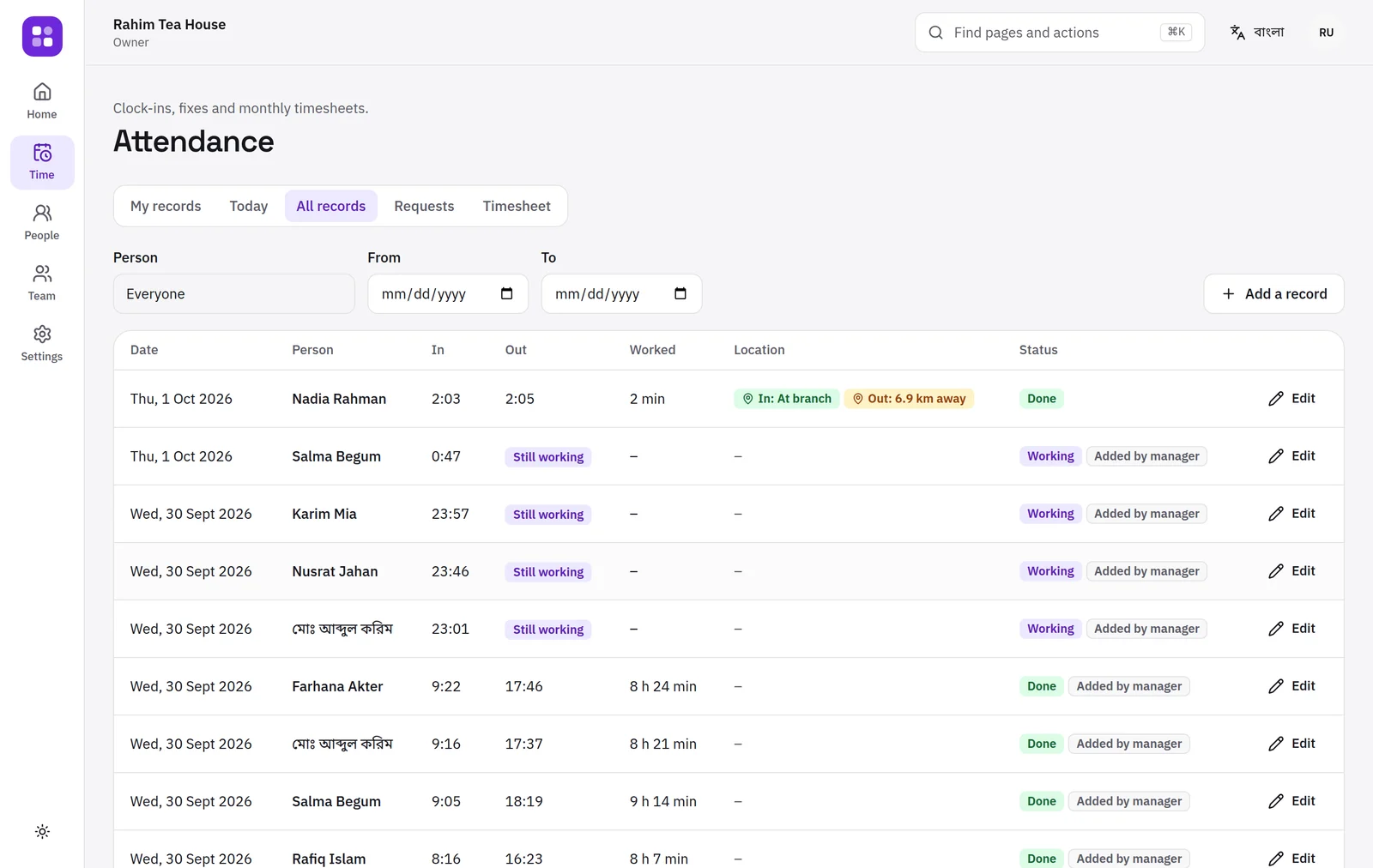 Attendance records, with where each clock-in happened