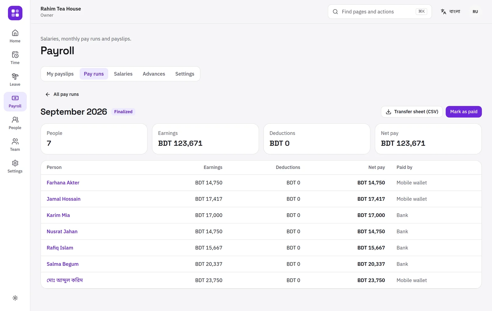 A finalized pay run with earnings, deductions and how each person is paid